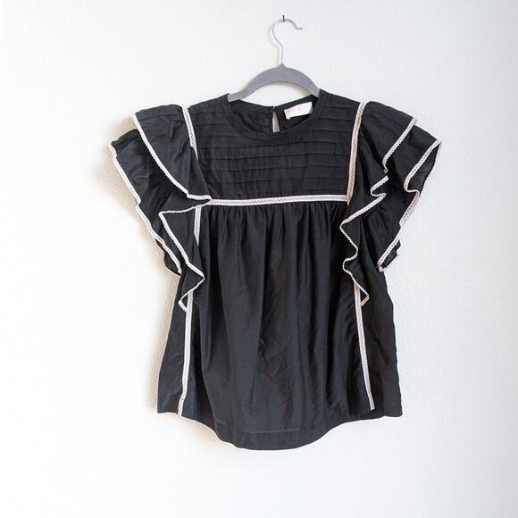 7 For All Mankind Black Ruffle Cap Sleeve Crew-Neck Blouse Top, size S - Picture 1 of 6